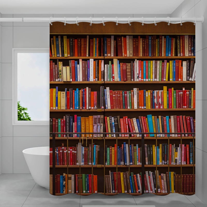 Faitove Library Bookshelf Shower Curtain Vintage Educational Bookcase Shower Curtain Readable Books Fabric Polyester Waterproof Bathroom Decor for School with Hooks 72" x 72" - Image 4
